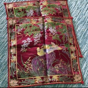 Vintage Asian Embroidered Silk Pillow Covers Red Bird Floral 18” Pair